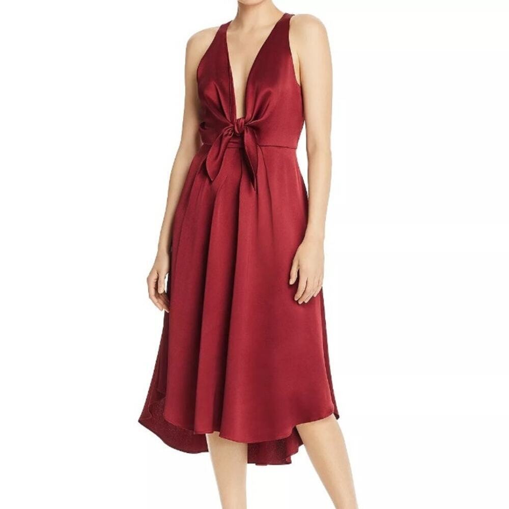 New Joie Kataniya Garnet Red Satin Low Cut Tie Bow Midi‎ Evening Dress 00